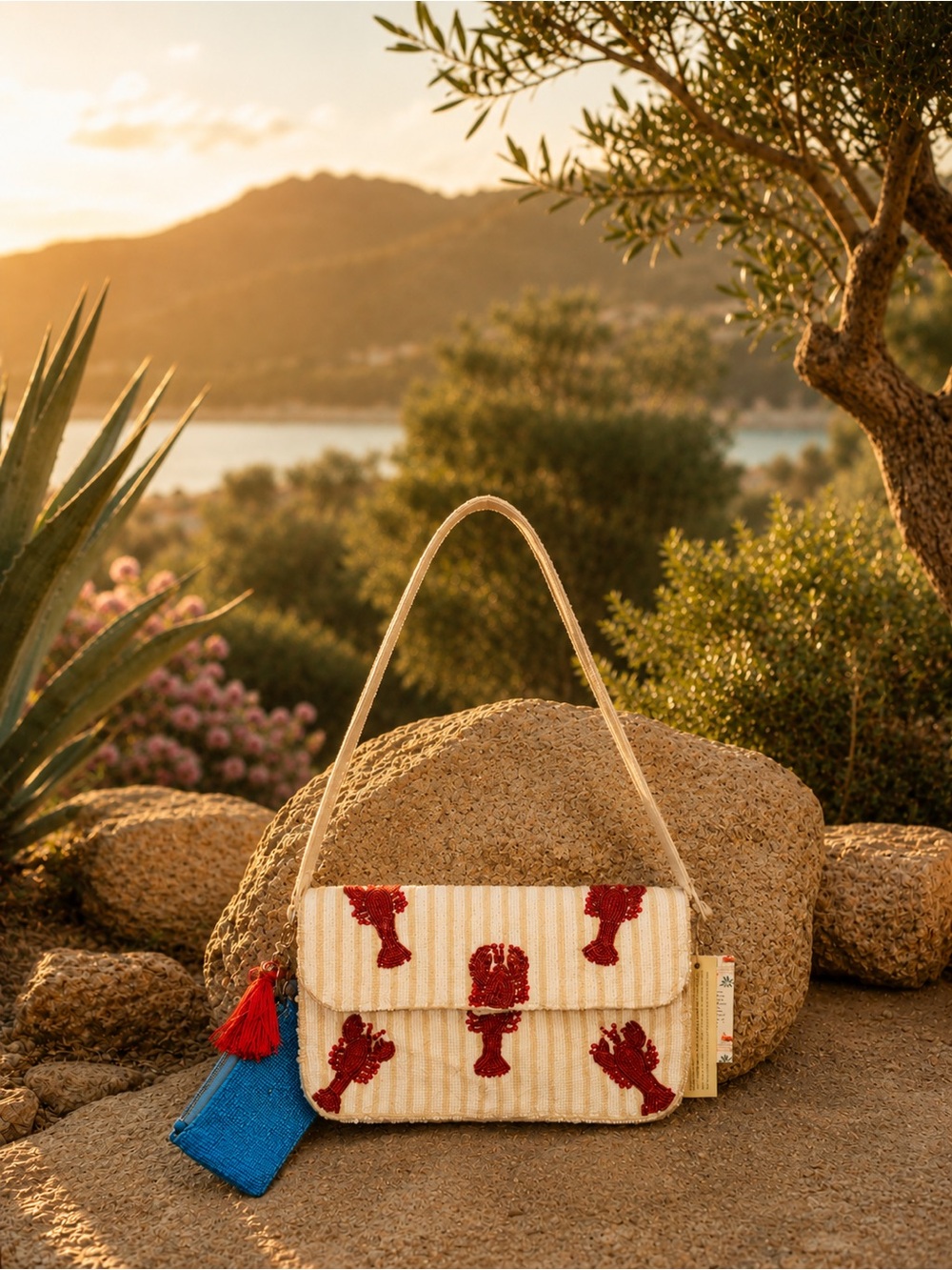 Beaded Lobster Shoulder Bag in Cream and Red